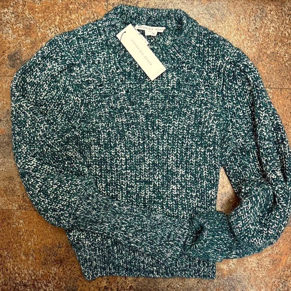 NWT Veronica Beard Roopa Sweater Teal and White Knit Sweater nwt sz l